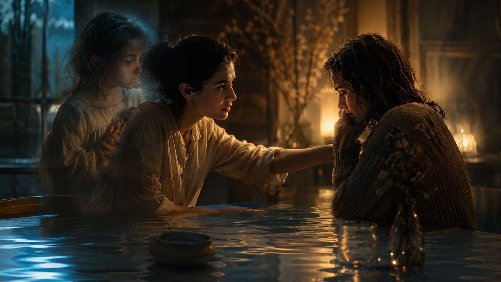 A tense helper reaching toward another person in warm lamplight while a younger self appears reflected near water.