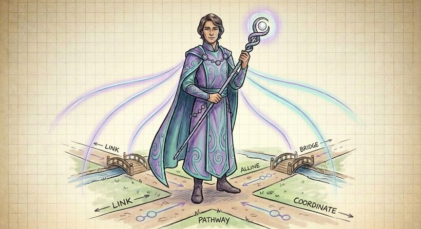 Herald-Organizer archetype illustration at a crossroads with ether-water tones.